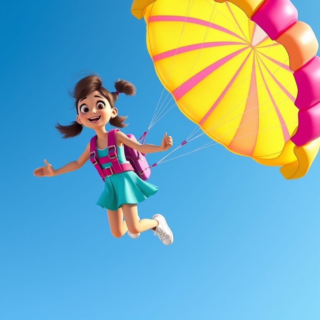 Girl Soaring with Parachute in Vibrant CGI Scene