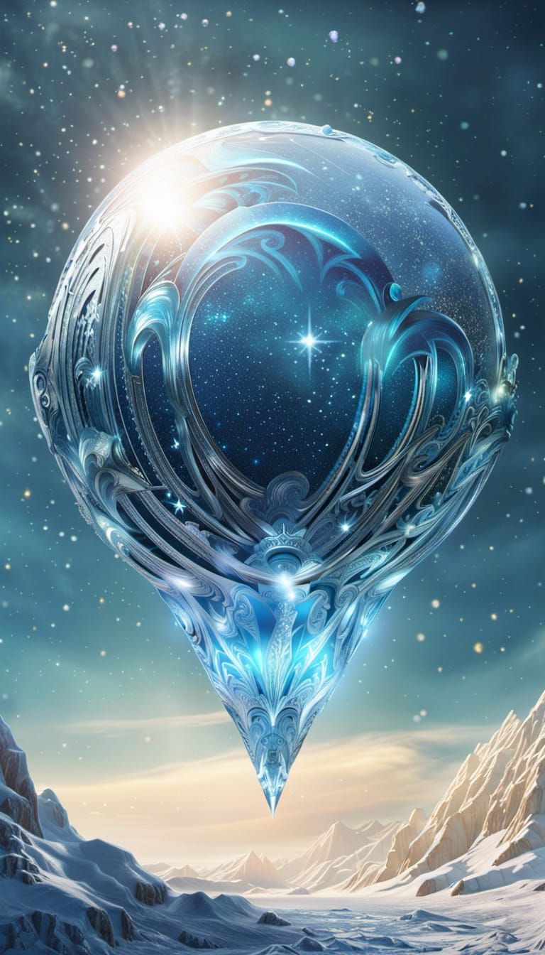 Icy Spaceship Flies Over Glittering Glacier Planet