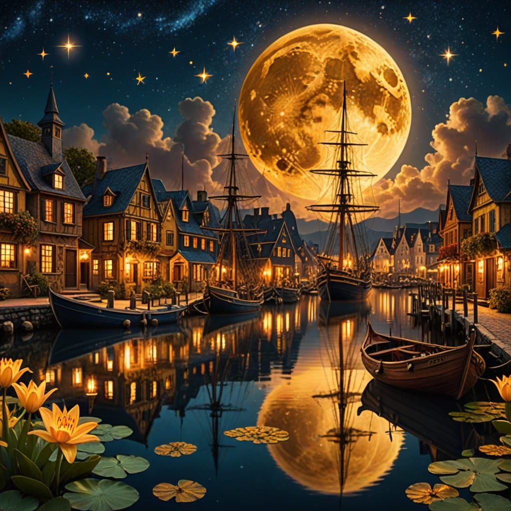 Fantasy Harbor Town at Night with Golden Moon