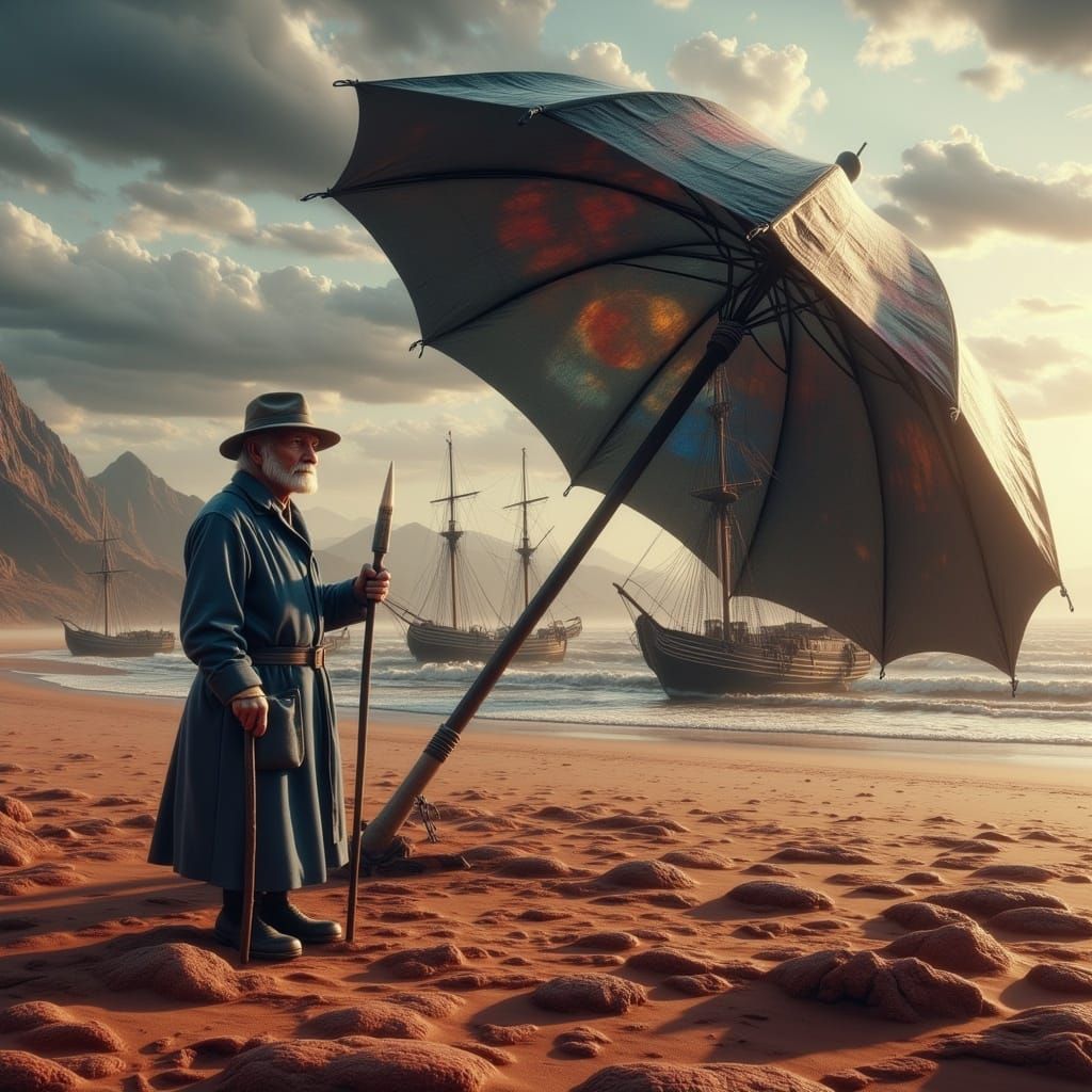 Surreal Desert Scene with Giant Parasol and Harbor Mural
