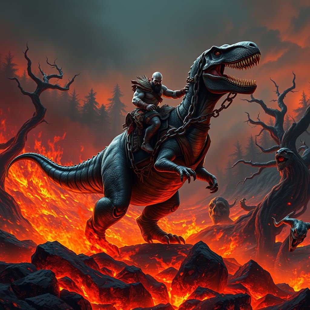 God of War Kratos Riding a Fiery T-Rex in Hellish Landscape