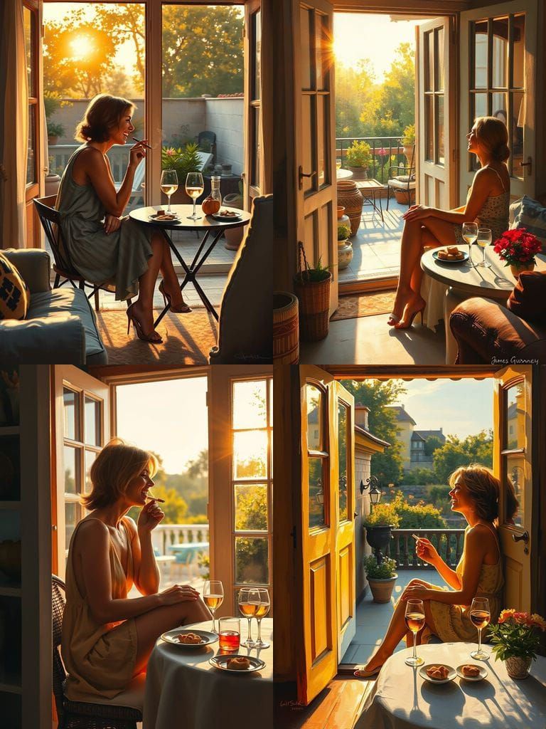 Impressionist Realism Painting of Woman Laughing on Sunny Te...