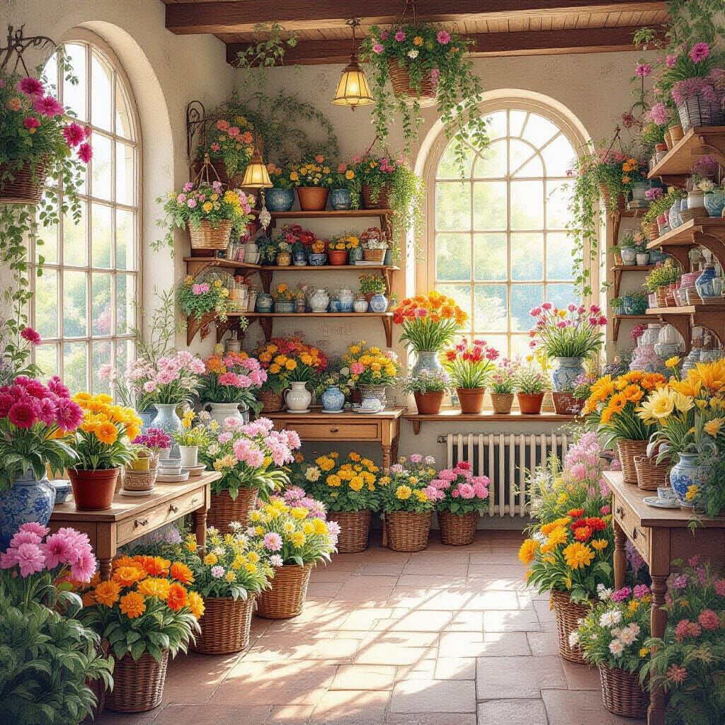 Charming Flower Shop in Whimsical Pencil Drawing Style
