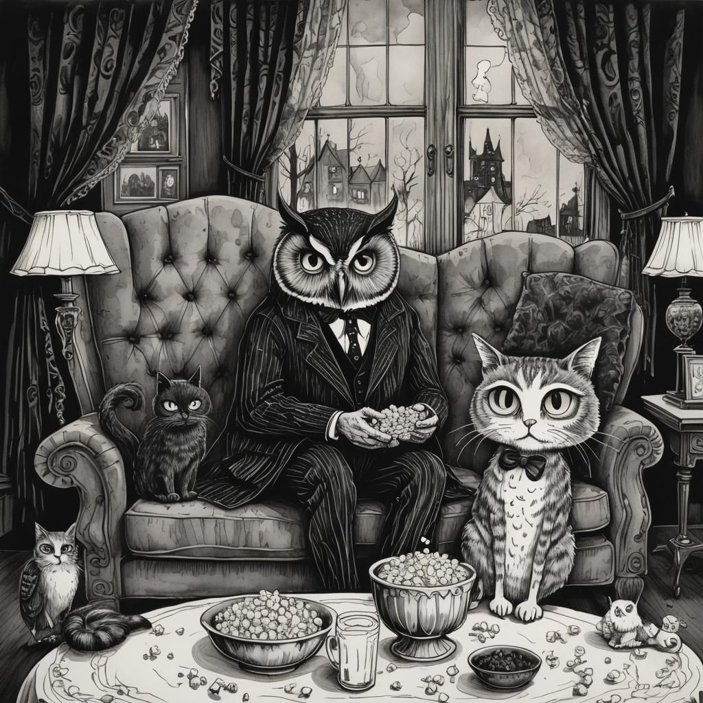 Gothic Owl and Cat in Victorian Parlor