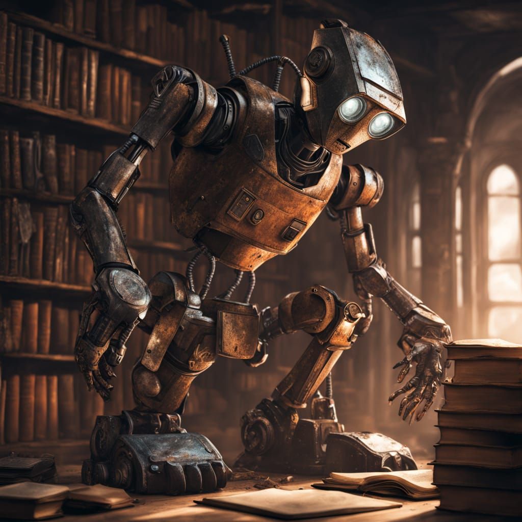 Gritty Robot Rips Book in Devastated Library