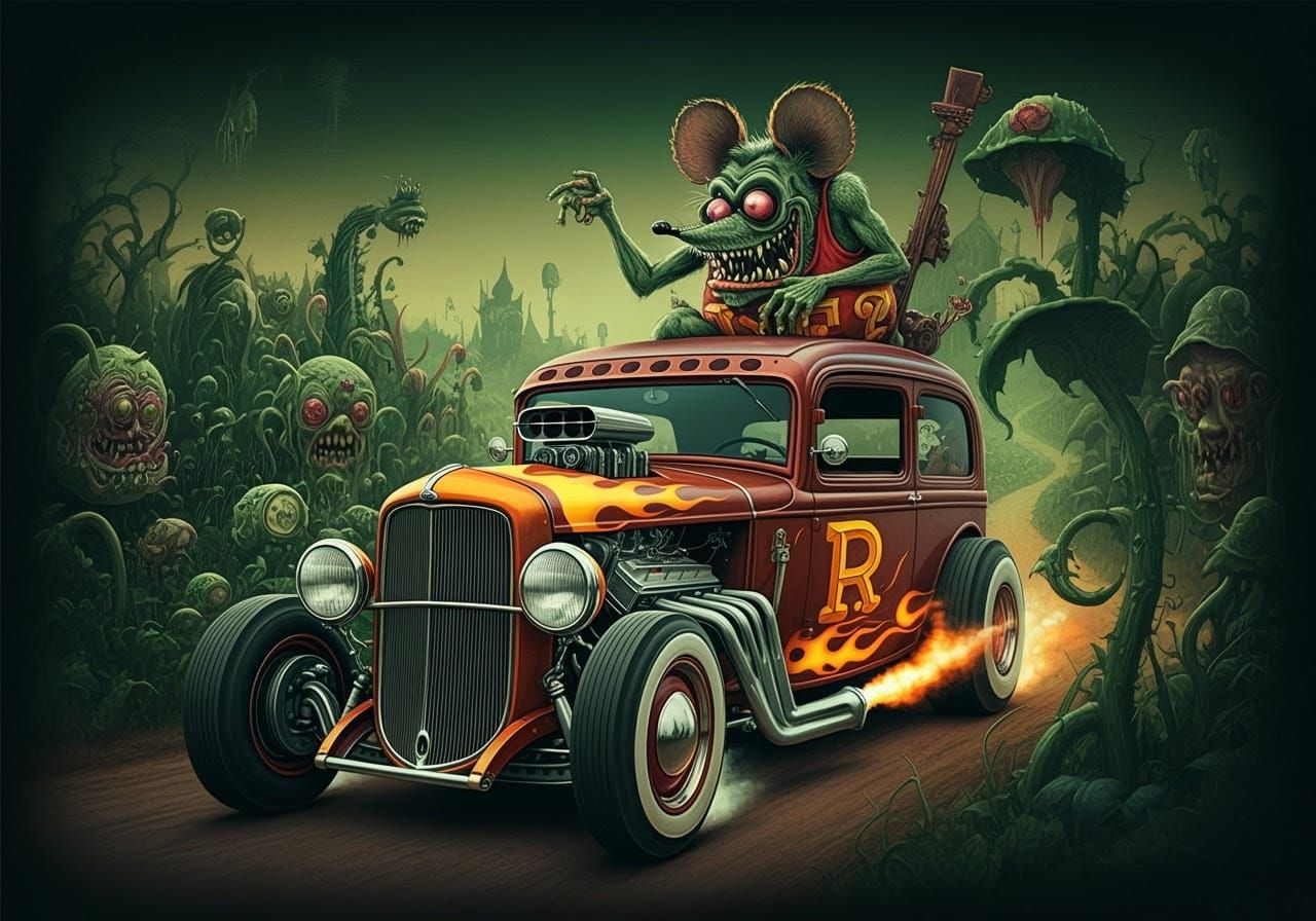Hot Rod Hearse in Creepy Garden, Ed Roth Style