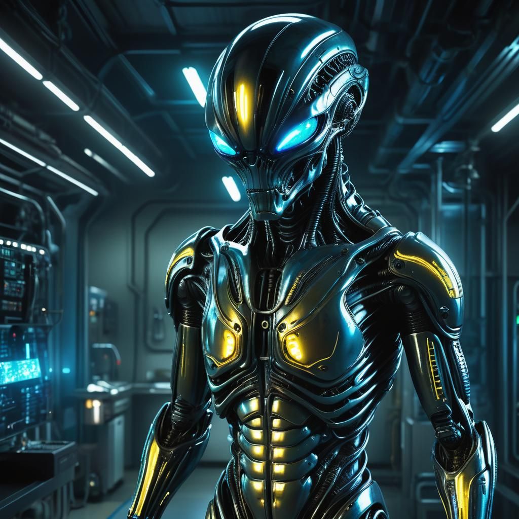 Giger-Inspired Alien in Advanced Exosuit