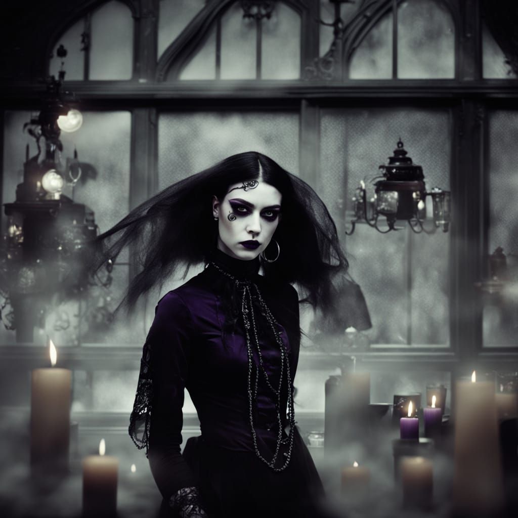 Gothic Surrealism: Goth Model in Misty Coffee Shop
