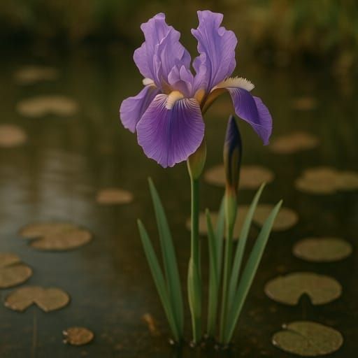 Faint Purple Irises Blooming in Old Pond