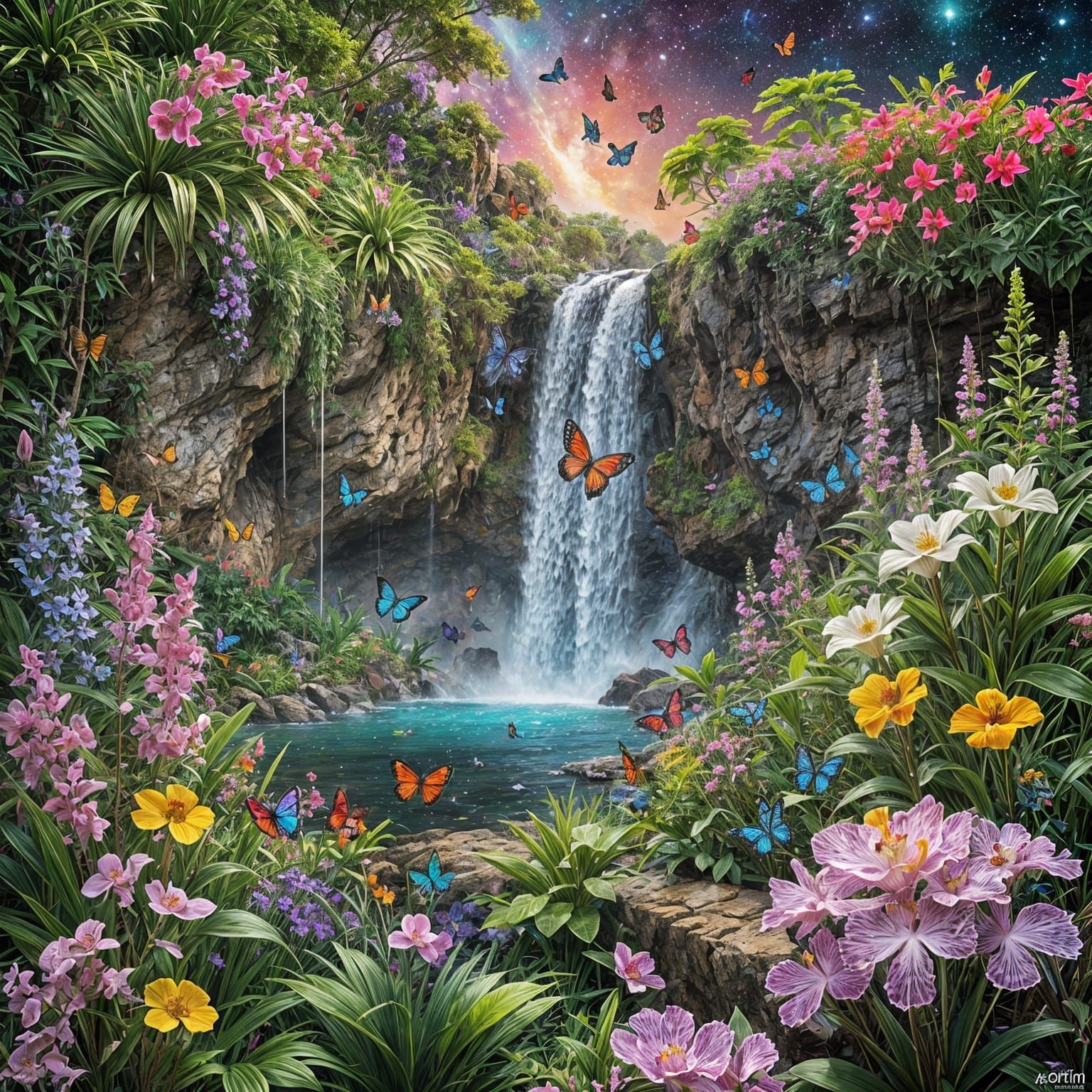 Luminous Waterfall Scene with Bioluminescent Details