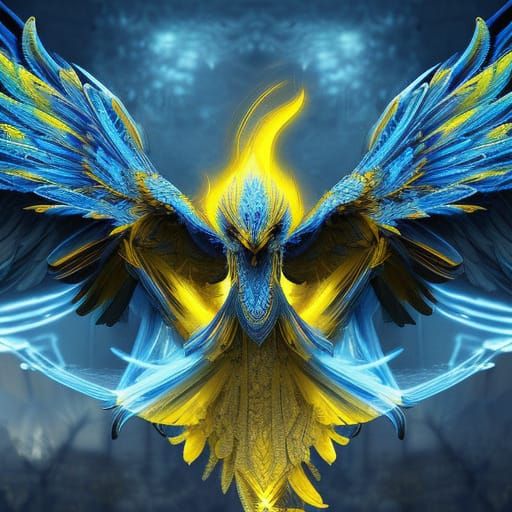 Blue Phoenix with Yellow Aura: Digital Matte Painting