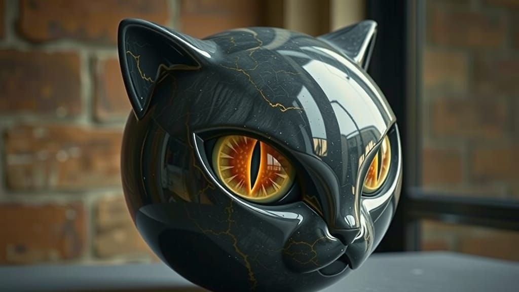 Dark Marble Cat Sculpture with Golden Veins