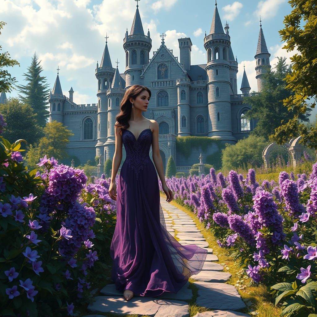 Medieval Castle Garden Scene in Whimsical Fantasy Style