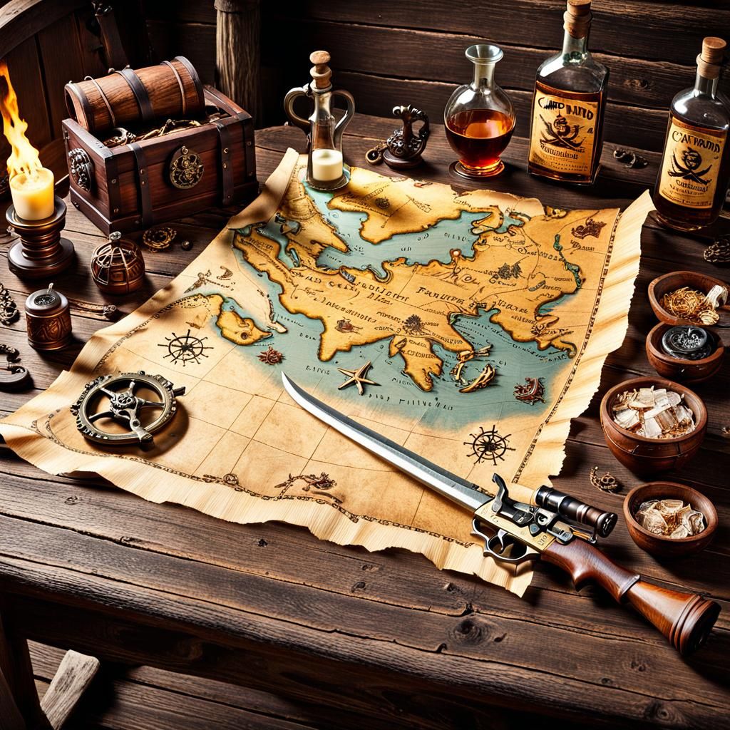 Pirates treasure map, on wooden table in captains cabin. Flintlock pistol-knife, and bottles o rum.