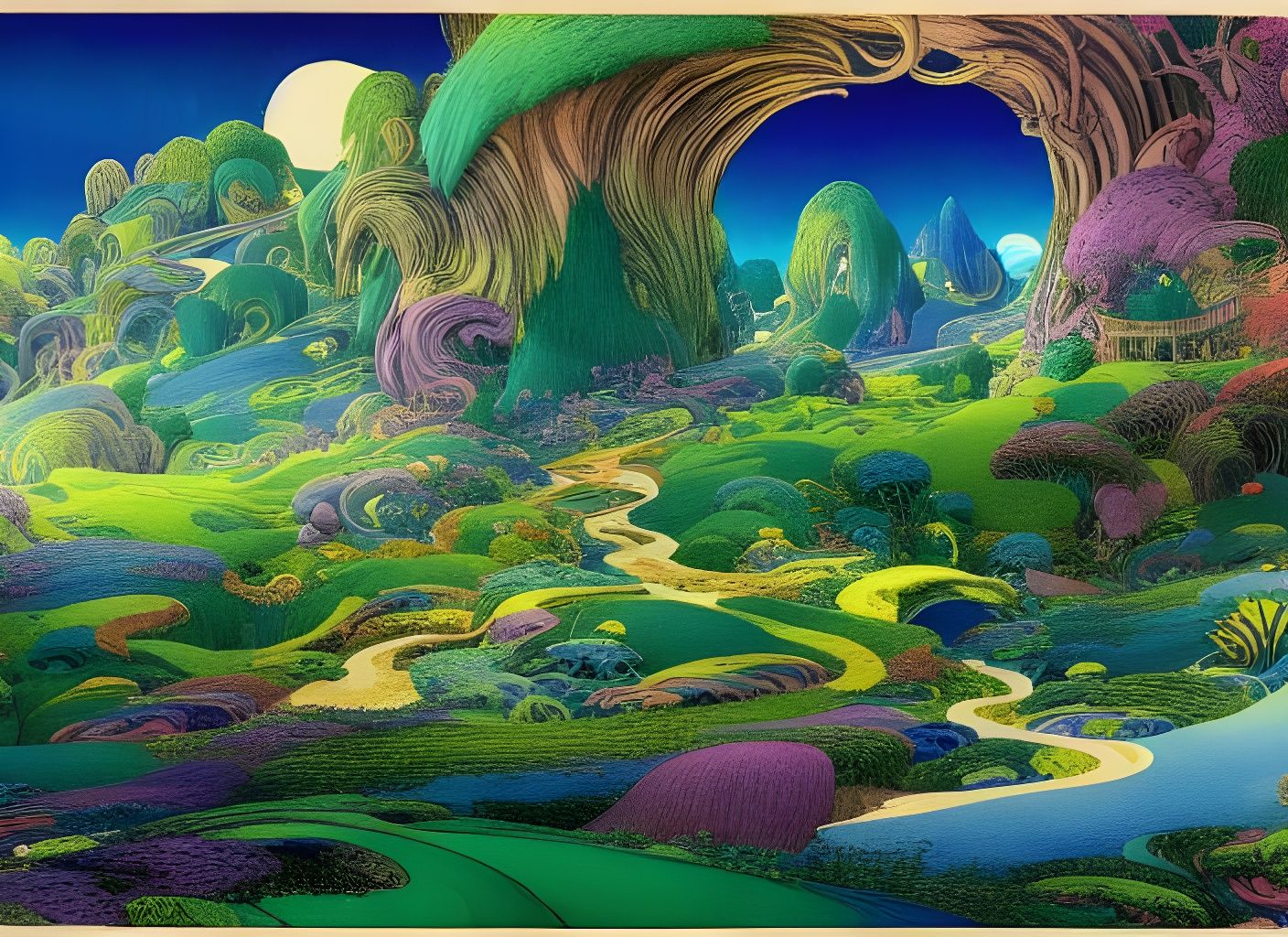 Lush Fantasy Landscape with Iridescent Lighting