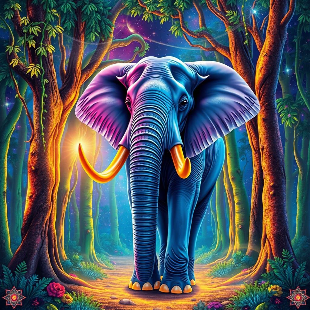 Ethereal Elephant in a Kaleidoscopic Neon Wonderland
