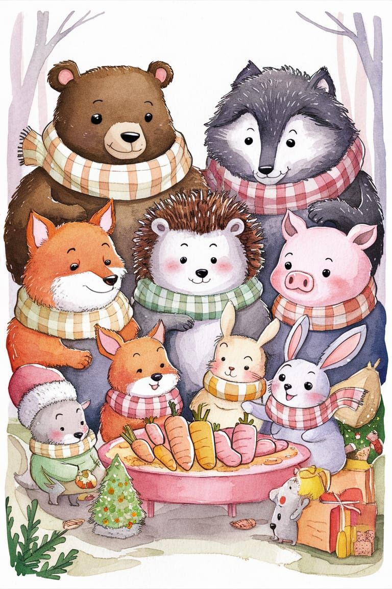 Charming Cartoon Animals Celebrate Christmas in Watercolor