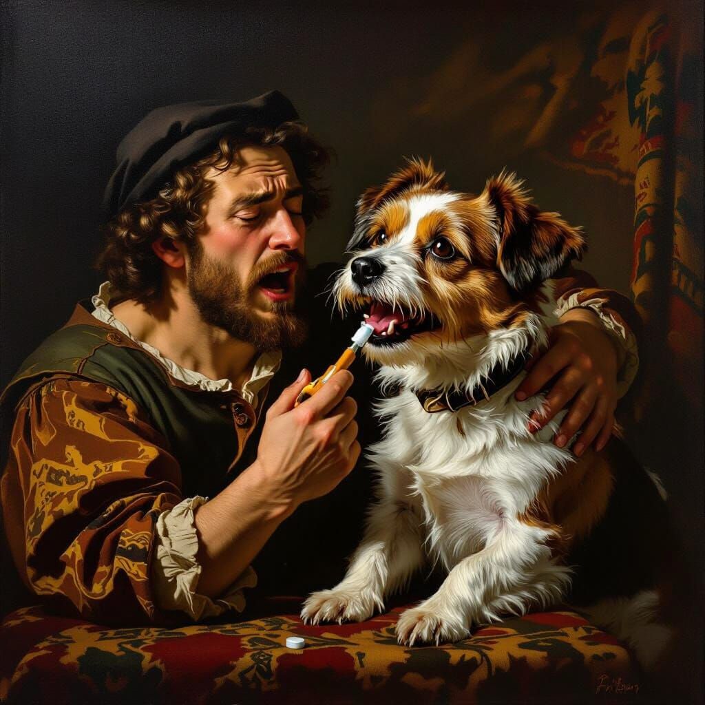 Renaissance Painting of Sato Dog Resisting Ear Medication