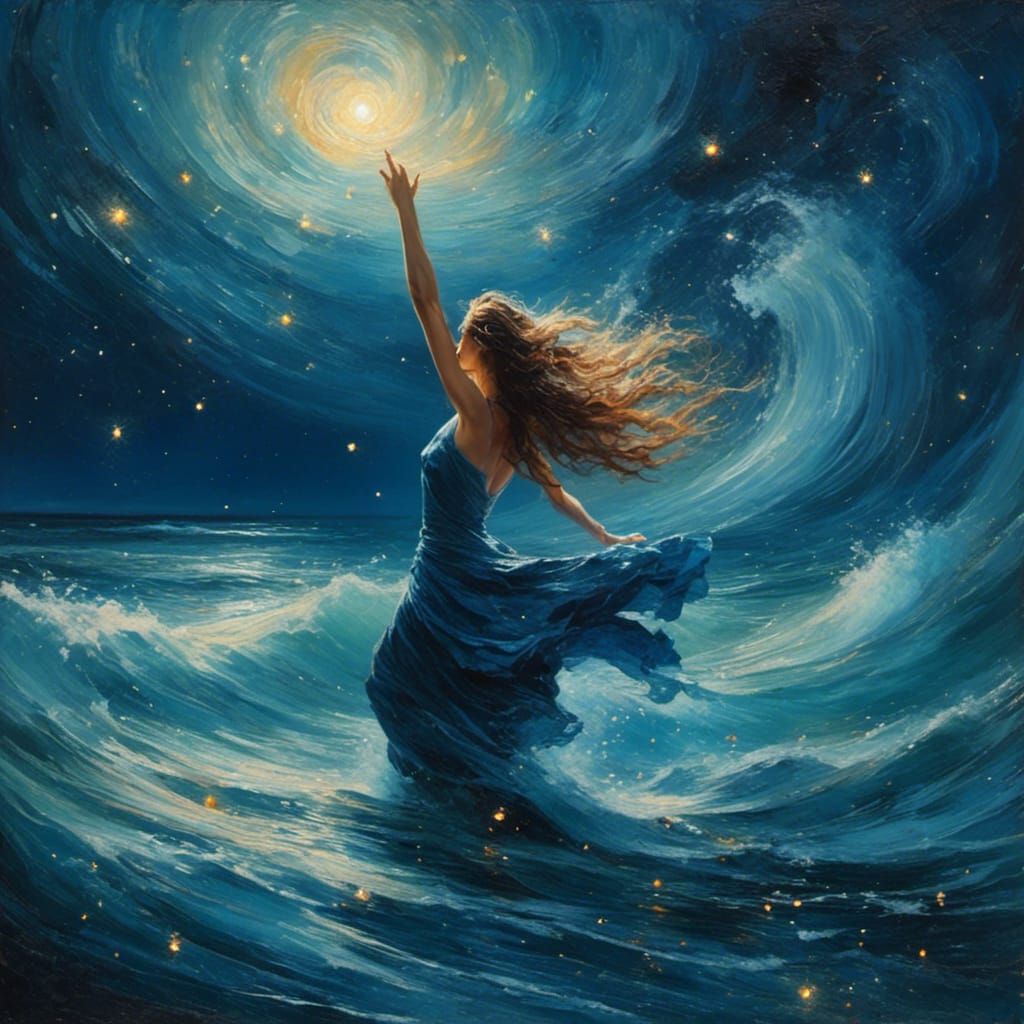 Woman Dancing Under Celestial Sky as Oil Painting
