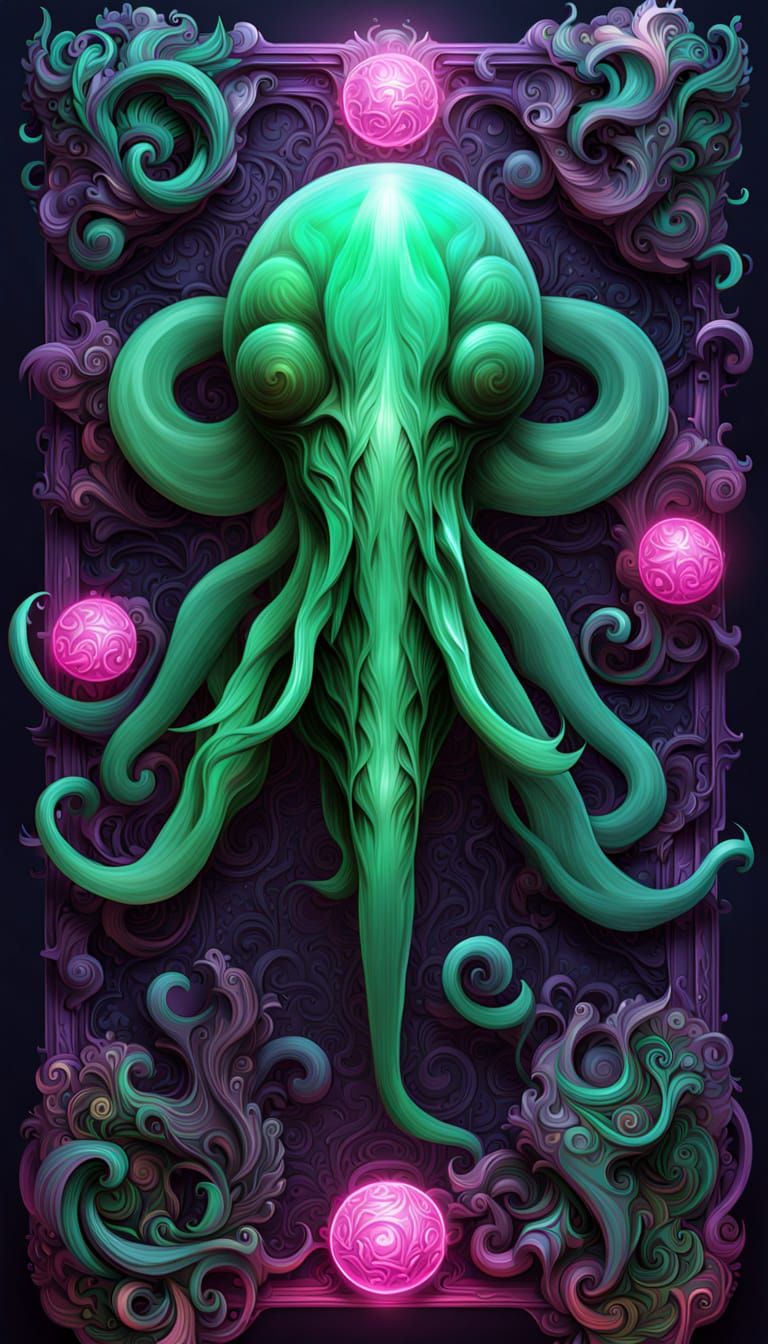 Cuttlefish-Headed Sphinx on Obsidian Plinth as Digital Art