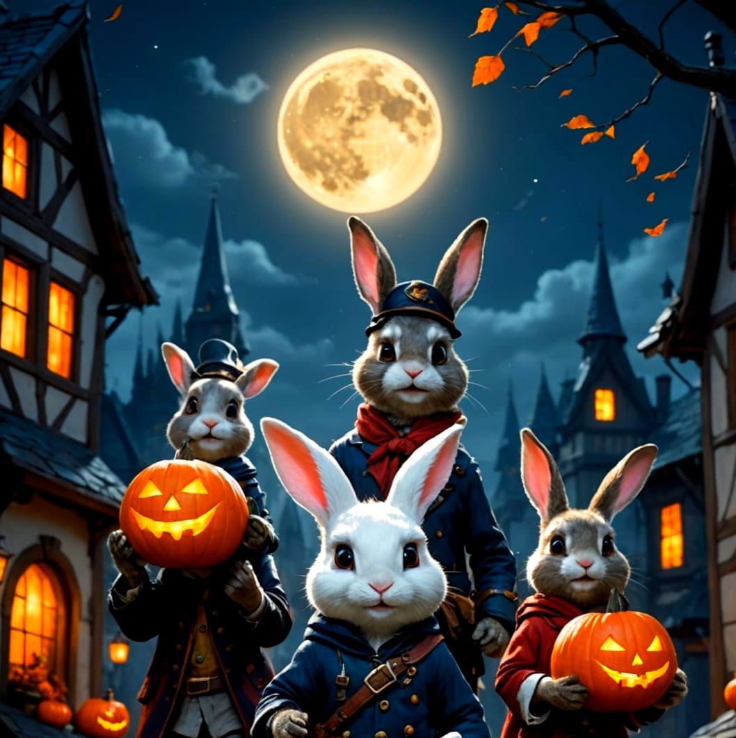 Bunny Rabbits as Wolves Trick-or-Treating Under the Moon