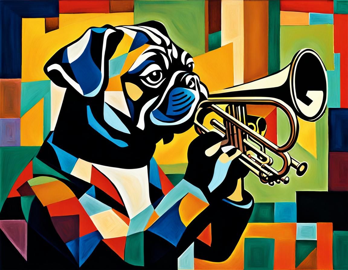 Pug Plays Trumpet in Cubist Jazz Club