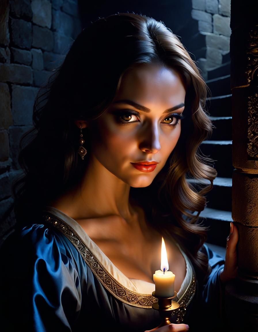 Mysterious Girl Descends Castle Stairs at Night