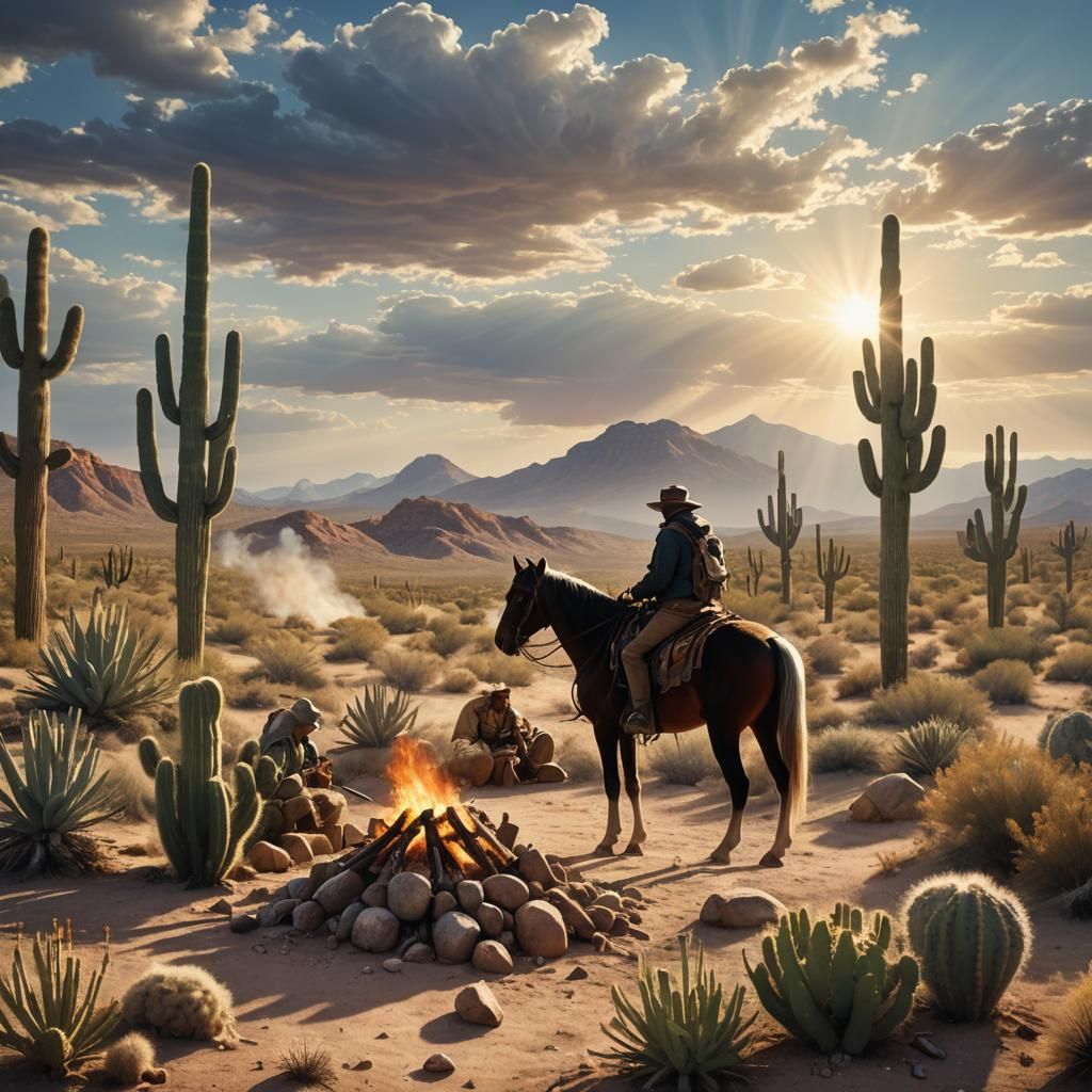 Rider Bivouacking in American Desert with Campfire
