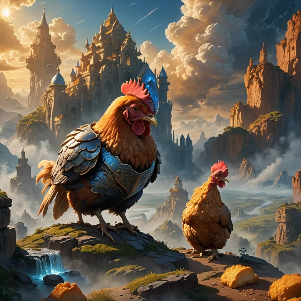 Victorious Chicken Nugget in Epic Fantasy Landscape
