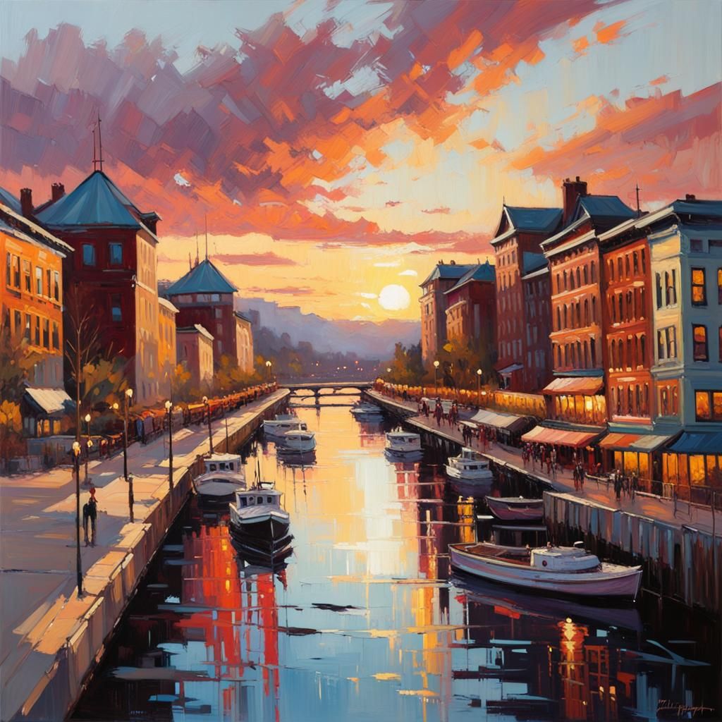 Youthful Cityscape Oil Painting at Sunset