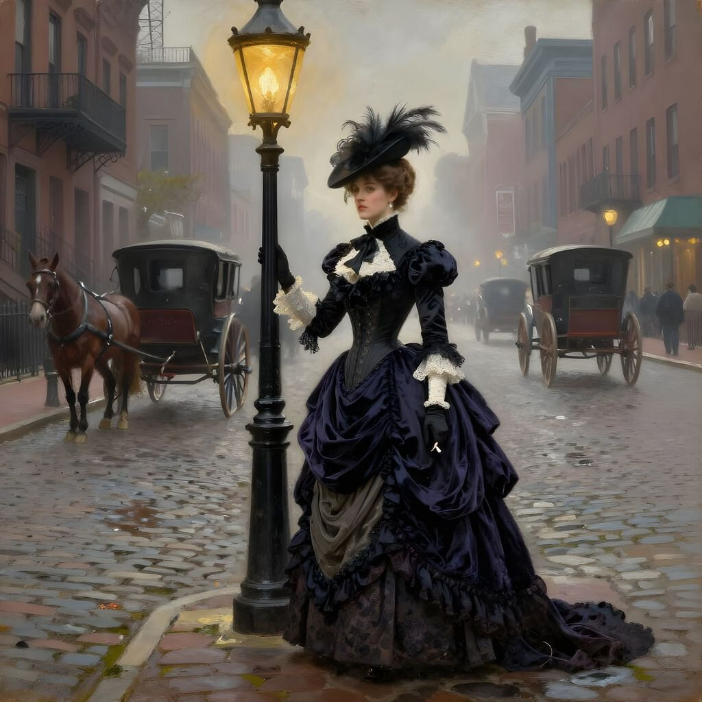 Gilded Age Woman Under Gaslight in 1890s New York