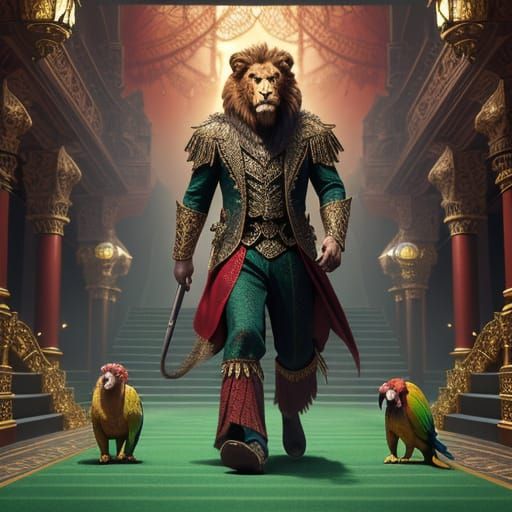 Lion, Monkey, and Parrot Shine on Red Carpet in Vibrant Fant...