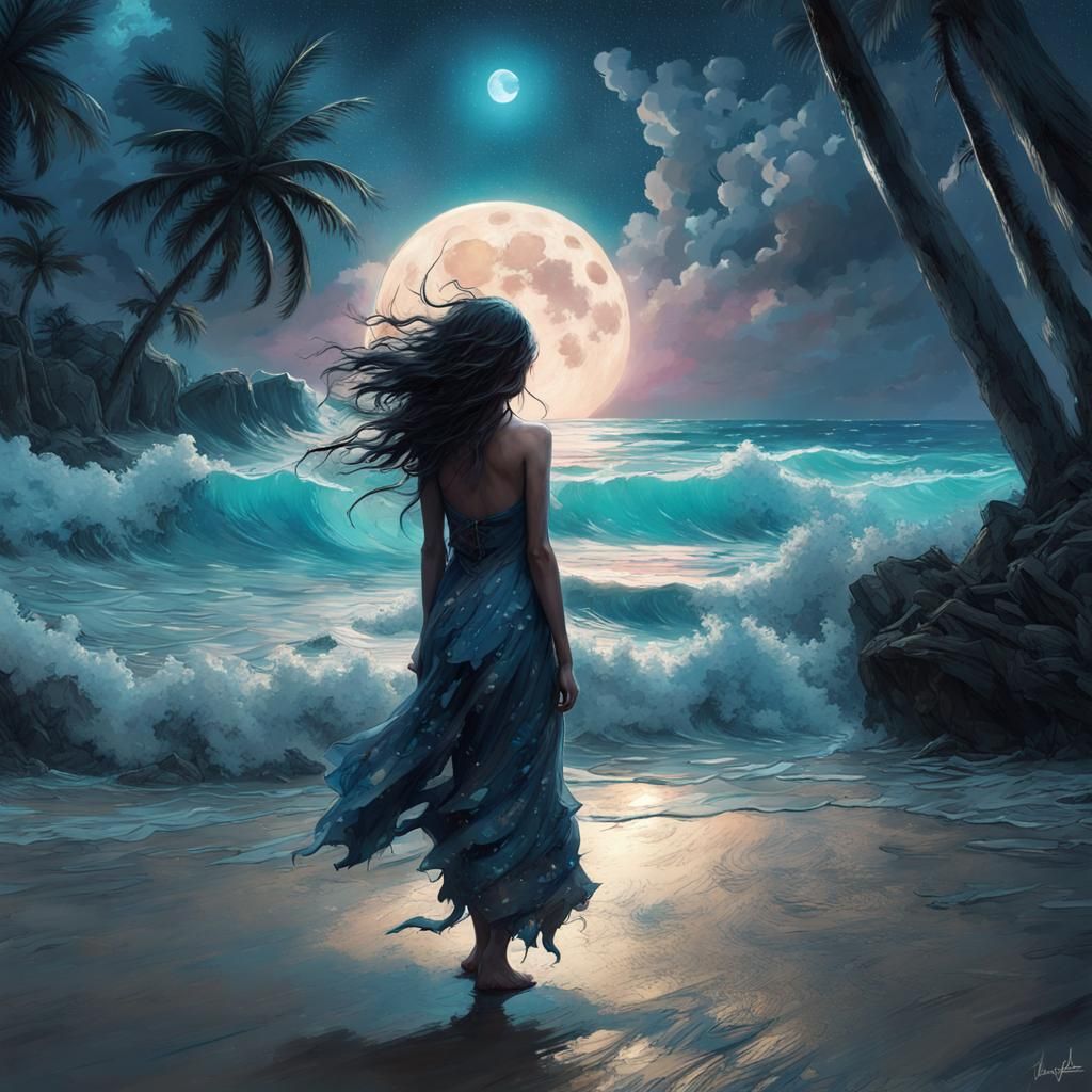 Moonlight and young woman