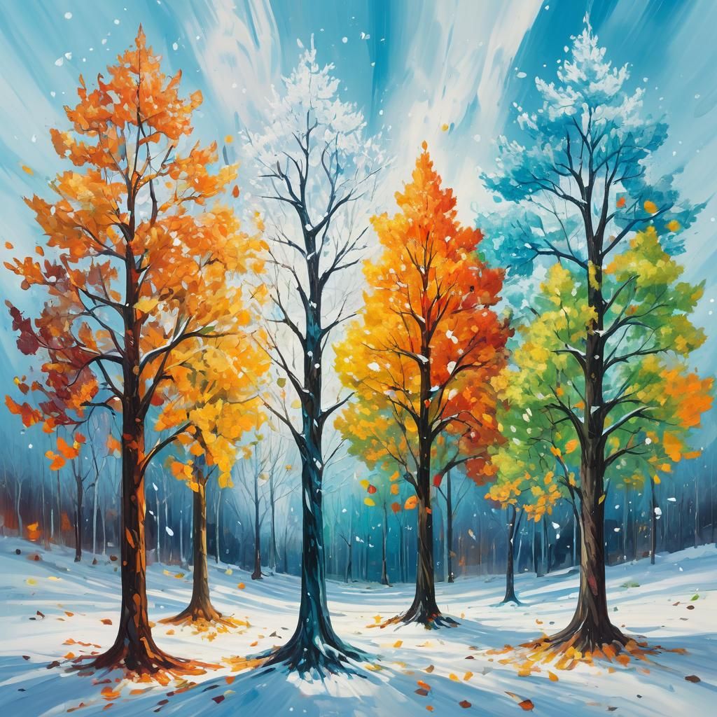 Four Seasons Landscape in Vibrant Oil Painting