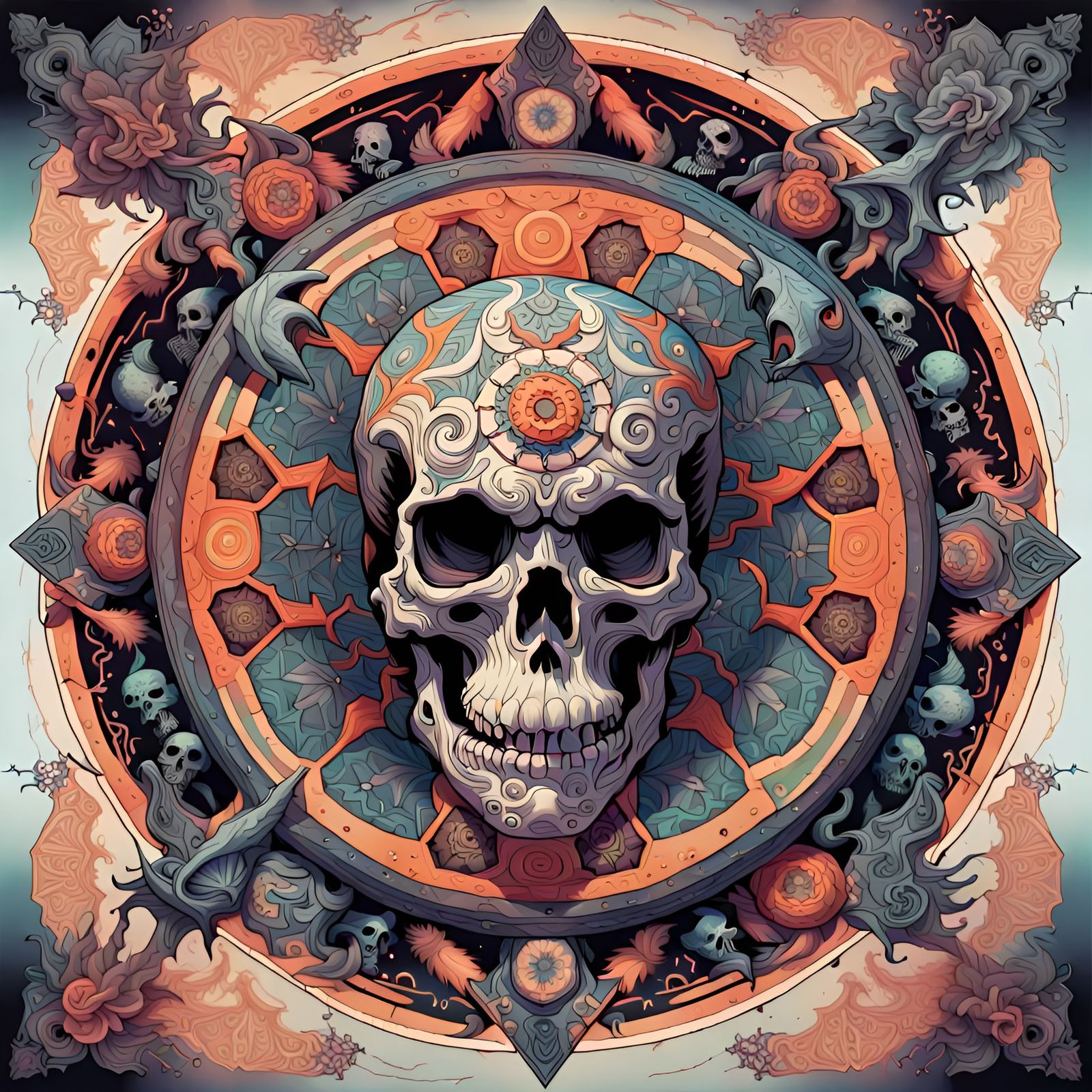 Vibrant Spooky Geometric Mandala in Ukiyo-e Style