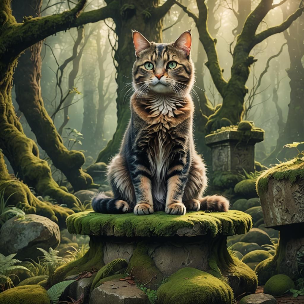Mystical Forest Cat on Stone Pedestal in Fantasy Art