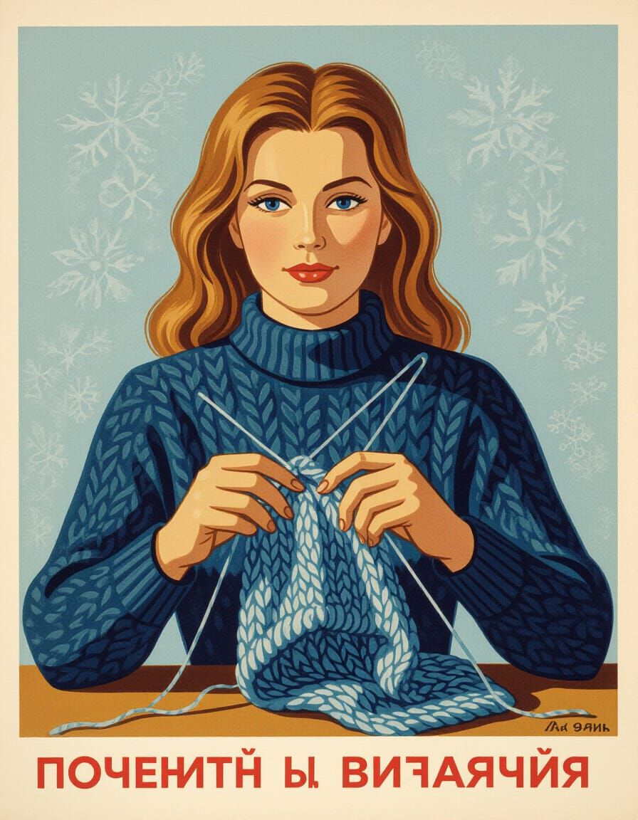 1970s Soviet Poster: Woman Knitting Sweater for Knitting Day