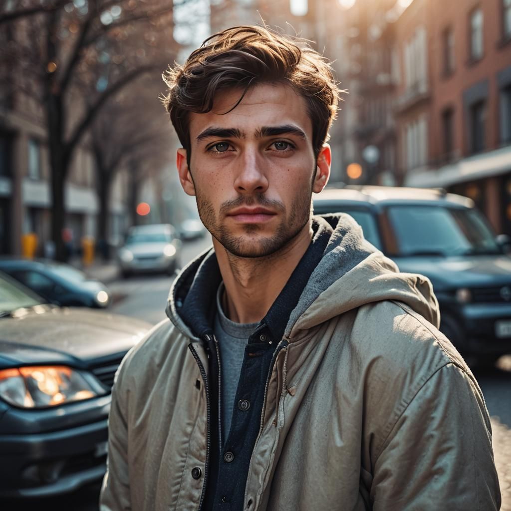 Professional Portrait of Young Man with Car Backdrop