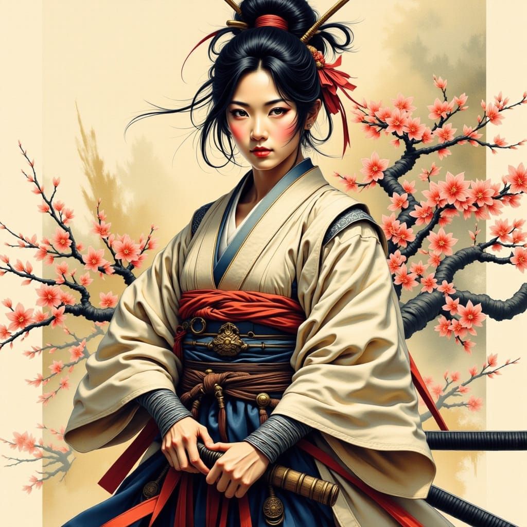 Samurai Woman Warrior with Katana in Digital Painting