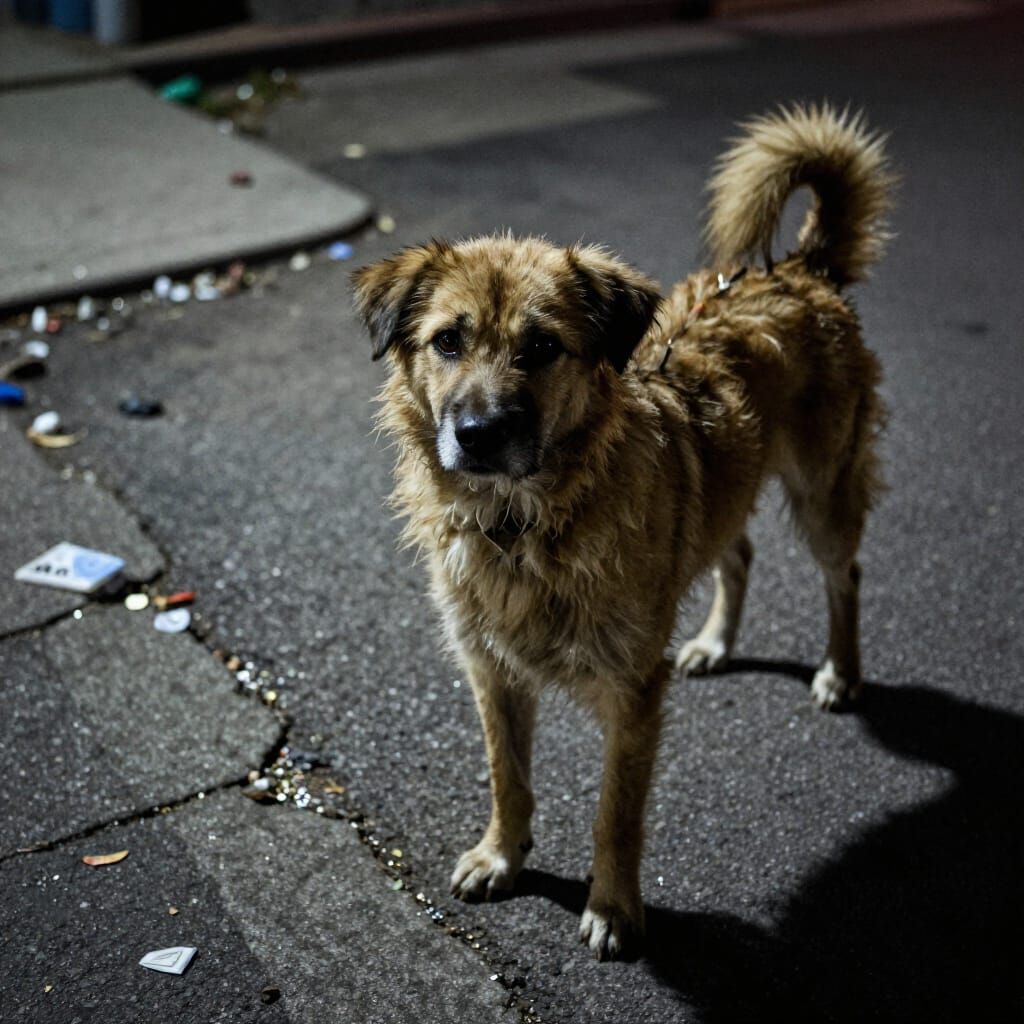 Gaunt Stray Dog in Moody Moonlight Urban Scene