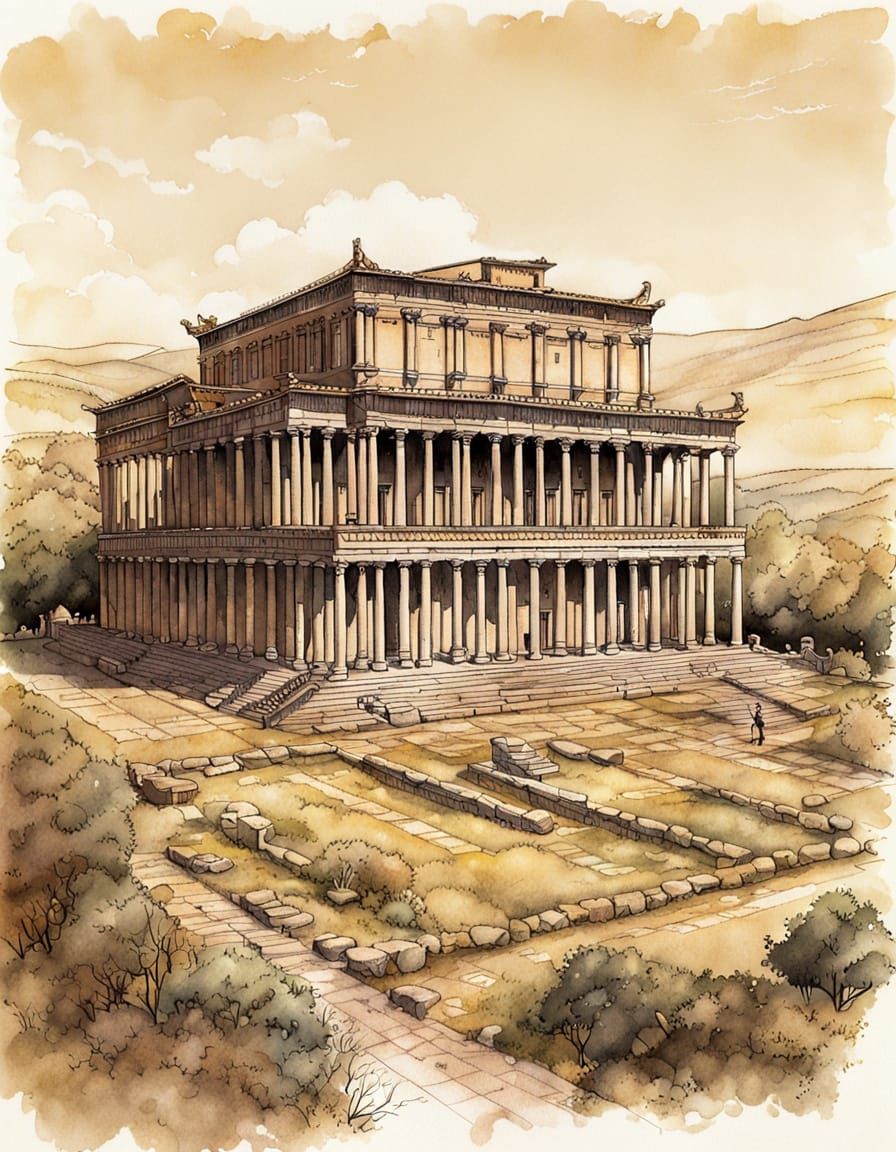 The Temple of Artemis at Ephesus (modern-day Turkey); ink dr...