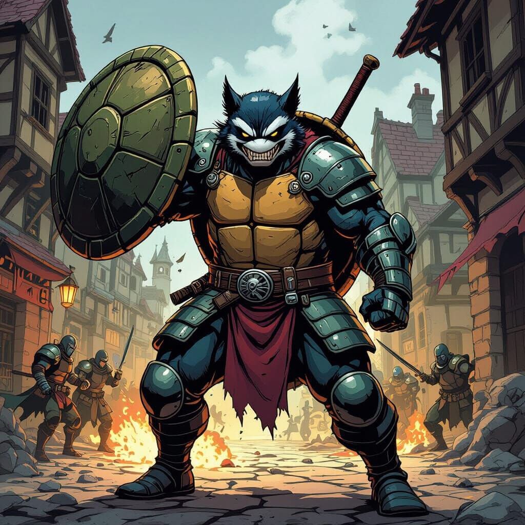 Tazmanian Devil Ninja Defends Town With Turtle Shell Shield