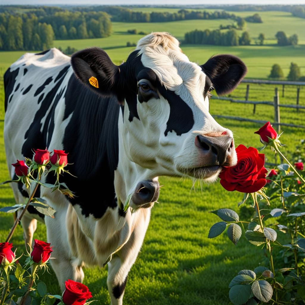 Holstein Cow Sniffs Red Rose Close-Up
