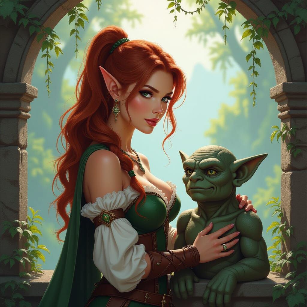 Elf Adventurer and Golem in Epic Oil Painting Style