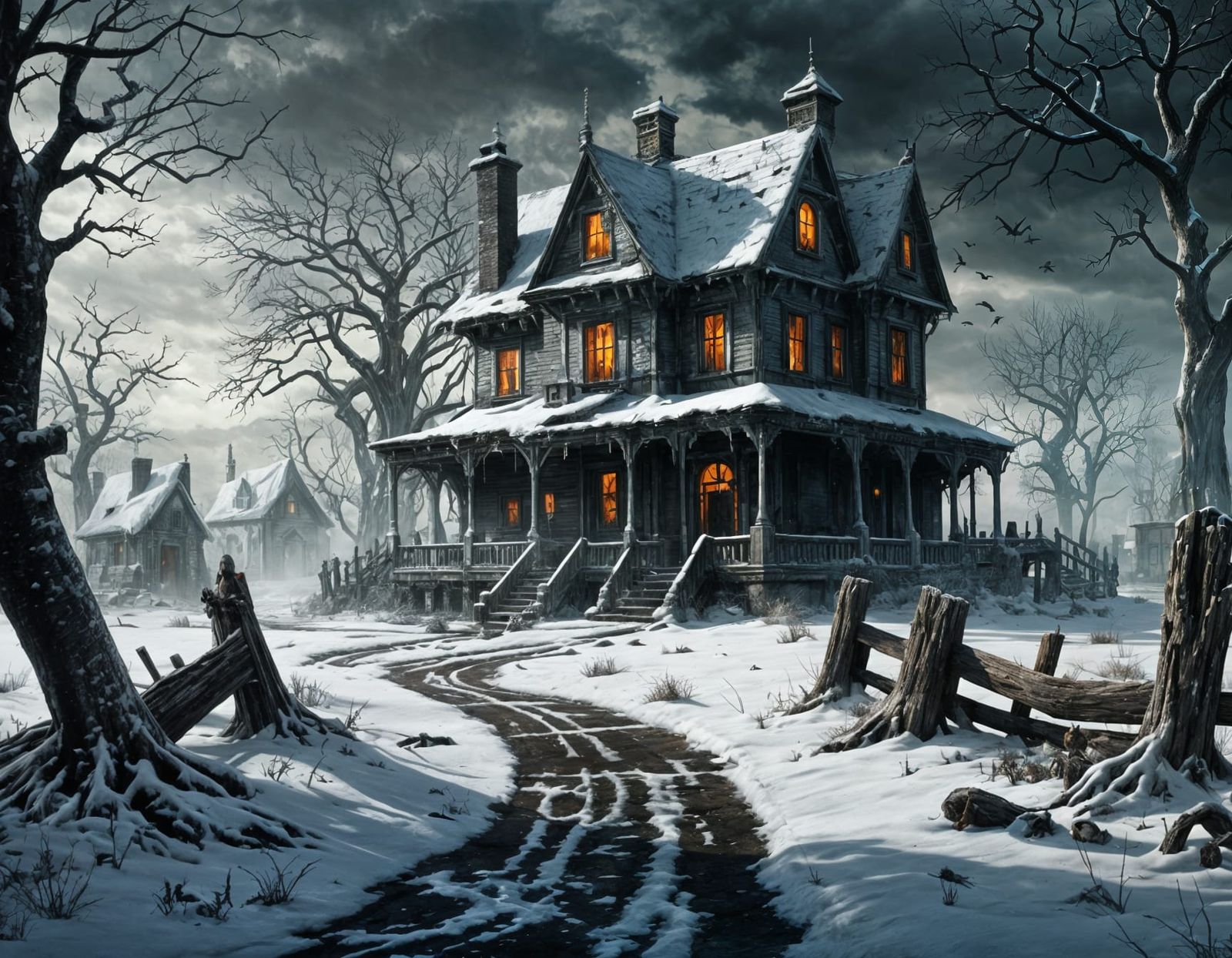 Detailed Horror House in Apocalyptic Winter Wonderland