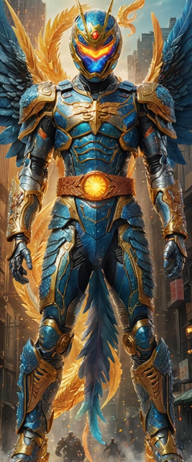 Futuristic Kamen Rider with Dimensional Wings in Japanese Po...