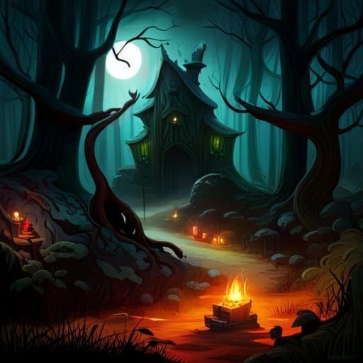 Eerie Witch in Dark Forest, Quirky Illustration