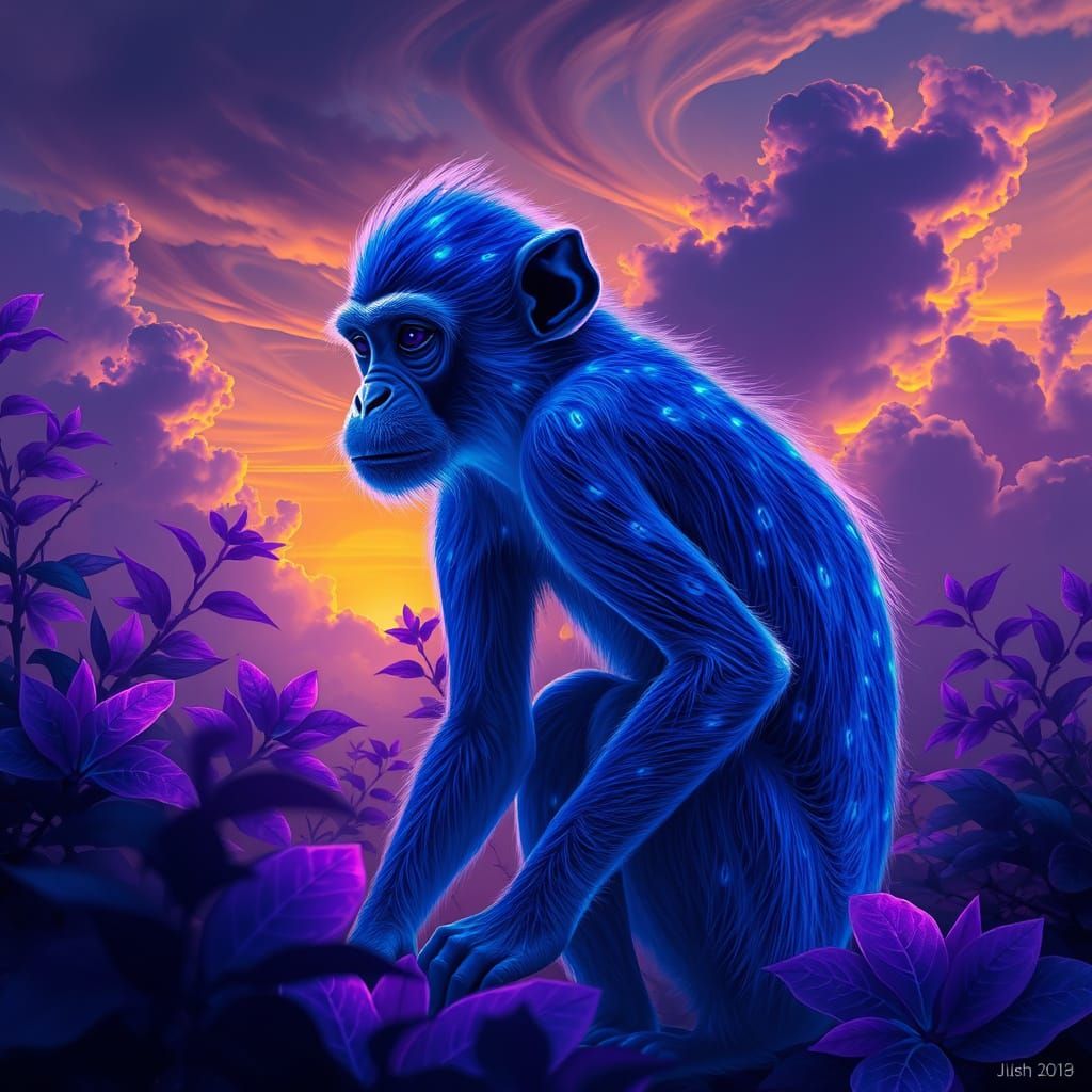 Mystical Blue Monkey in Enchanted Realm