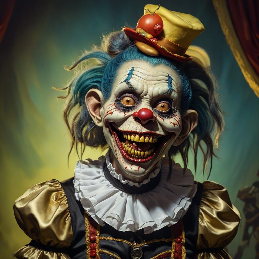 Surreal Zombie Monkey Clown Burlesque Dancer in Oil