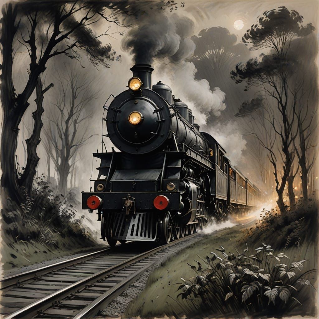 Vintage Steam Train in Charcoal Drawing Style